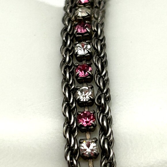 Vintage Sterling Silver 925 Rope Chain Bracelet Pink & Clear Rhinestones 7.25” - Picture 10 of 11
